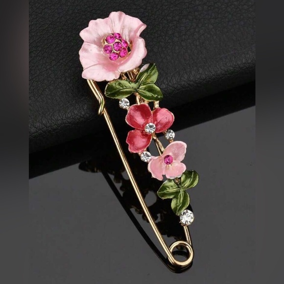Floral Gold-Tone Brooch with Pink and Green Accents - Picture 2 of 4